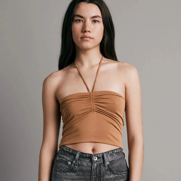 rag & bone New York Women's XS Christy Modal Halter Top Light Brown Tie Neck - Picture 1 of 7